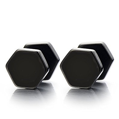 8MM Schwarz Hexagon Herren Damen Ohrstecker Ohrringe Fakeplugs Fake Ohr-Plug Tunnel Gauges Ohr-Piercing Edelstahl, 1 Paar von COOLSTEELANDBEYOND