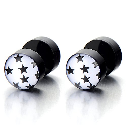 8MM Schwarz Kreis mit Stern Herren Damen Ohrstecker Ohrringe Fakeplugs Fake Ohr-Plug Tunnel Gauges Ohr-Piercing 1 Paar von COOLSTEELANDBEYOND