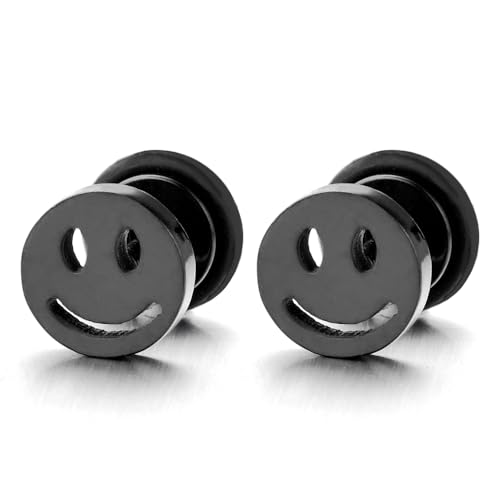 8MM Schwarz Lächelndes Gesicht Ohrstecker Herren Damen Jungen Gestüt Ohrringe Edelstahl Ohrschmuck, 2 Stücke, Rock Punk von COOLSTEELANDBEYOND