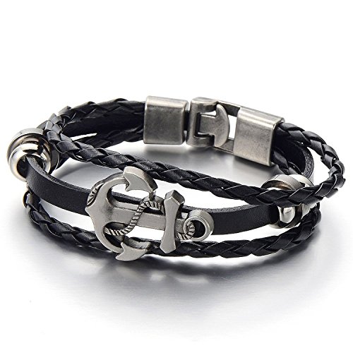 Anker Kreuz Multi-Strang Leder-Armband Wickeln Schweißband Jungen Herren-Armband Schwarz Geflochtenes Leder von COOLSTEELANDBEYOND