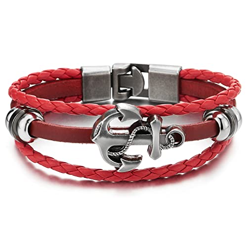 Anker Multi-Strang Leder-Armband Wickeln Schweißband Jungen Herren-Armband Rot Leder von COOLSTEELANDBEYOND