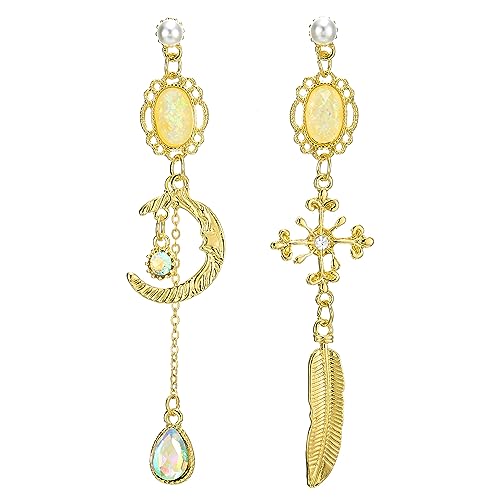 Asymmetrisch Goldfarben Mond und Stern Lange Baumeln Tropfen Ohrstecker Ohrringe mit Perle und Funkeln Edelsteine von COOLSTEELANDBEYOND