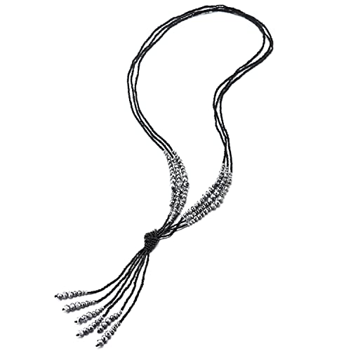 COOLSTEELANDBEYOND Boho Chic Lariat Halskette Statement Franse Quaste Anhänger Schwarz Silber Kristall Perlen Stränge Lange Kette Y-Form von COOLSTEELANDBEYOND