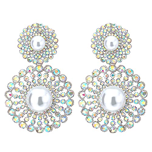 Braut Regenbogen Strass Synthetische Perle Cluster Große Kreis Blumen Lange Baumelnde Statement Ohrstecker Ohrringe von COOLSTEELANDBEYOND