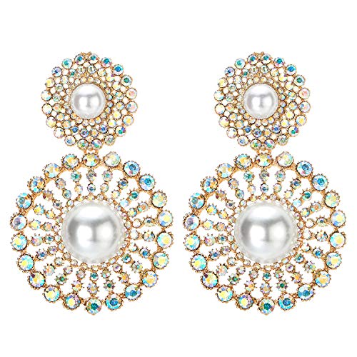 Braut Synthetische Perle Regenbogen Strass Cluster Große Kreis Lange Baumelnde Statement Ohrstecker Ohrringe, Elegante von COOLSTEELANDBEYOND