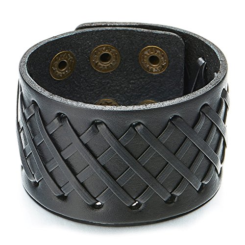 COOLSTEELANDBEYOND Breites Lederarmband Herren Armband Schwarz Echtes Leder Schweißband Verwobenen Design von COOLSTEELANDBEYOND