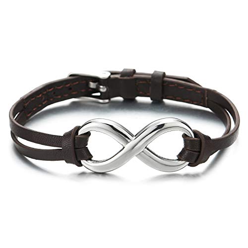 COOLSTEELANDBEYOND 20-24CM Infinity Unendlich Liebe Nummer 8 Leder-Armband für Herren Damen mit Edelstahl und Braun Echtes Leder von COOLSTEELANDBEYOND