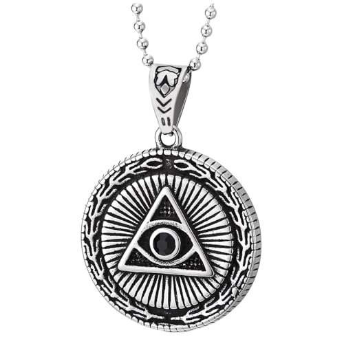 COOLSTEELANDBEYOND Allsehendes-Auge-Kette für Herren, Illuminati-Dreieck-Anhänger Halskette mit Schwarzem Stein aus Stahl von COOLSTEELANDBEYOND