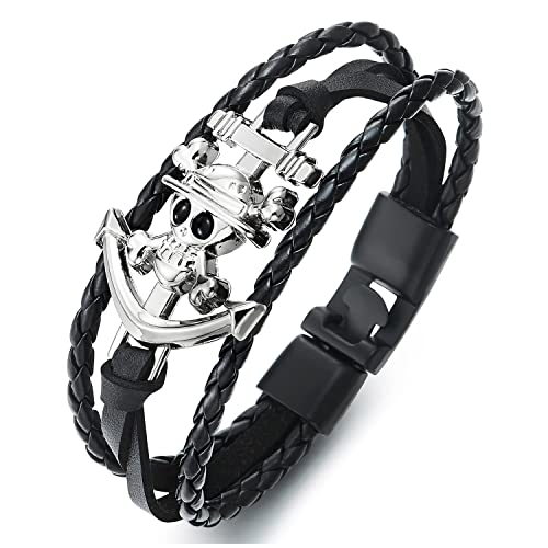 COOLSTEELANDBEYOND Anker Piraten Schädel Multi-Strang Leder-Armband Wickeln Schweißband Herren-Armband Schwarz Geflochtenes Leder von COOLSTEELANDBEYOND