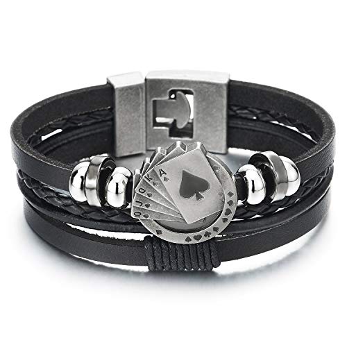 COOLSTEELANDBEYOND As Kartenpoker Spatenfolge Wulst Charme Multi-Strang Schwarz Geflochtenes Leder Armband Wickeln Schweißband von COOLSTEELANDBEYOND