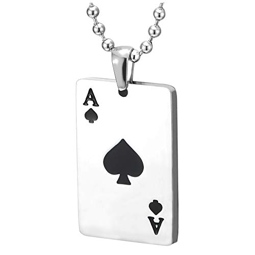 COOLSTEELANDBEYOND Ass-Karte Poker Damen Herren Anhänger Halskette aus Edelstahl mit Schwarzer Emaille, 60cm Stahl Kugelkette von COOLSTEELANDBEYOND