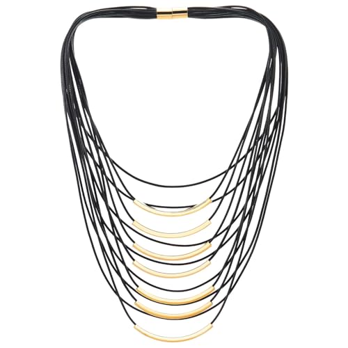 COOLSTEELANDBEYOND Auffällige Mehrsträngige Halskette, Schwarzes Band mit Goldenen Gebogenen Stäben, Moderner Fashion Schmuck von COOLSTEELANDBEYOND
