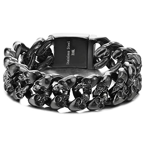 COOLSTEELANDBEYOND Biker Armband Gotik Schädel Gliederkette Armband für Herren Schwarz Edelstahl-Armband 21.7cm von COOLSTEELANDBEYOND