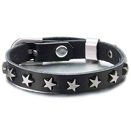 COOLSTEELANDBEYOND Biker Herren Damen Schwarz Leder Armreif Armband mit Konvex Stern Nieten, Schließe von COOLSTEELANDBEYOND