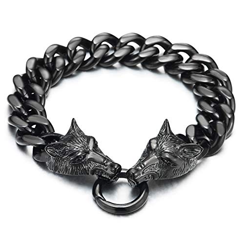 COOLSTEELANDBEYOND Biker Herren Schwarz Edelstahl Wolf Kopf Panzerkette Armband mit Federringverschluss, 23CM von COOLSTEELANDBEYOND