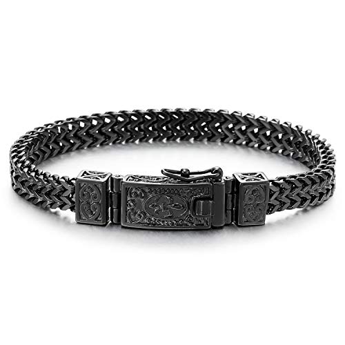 COOLSTEELANDBEYOND Biker Herren Schwarz Franco Link Panzerkette Armband aus Edelstahl mit Vintage Fleur de Lis Federringverschluss von COOLSTEELANDBEYOND