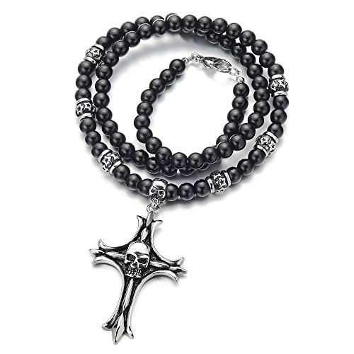 COOLSTEELANDBEYOND Biker Herren Schwarz Onyx Perlen Halskette mit Kreuz Schädel aus Edelstahl 71CM Lang von COOLSTEELANDBEYOND