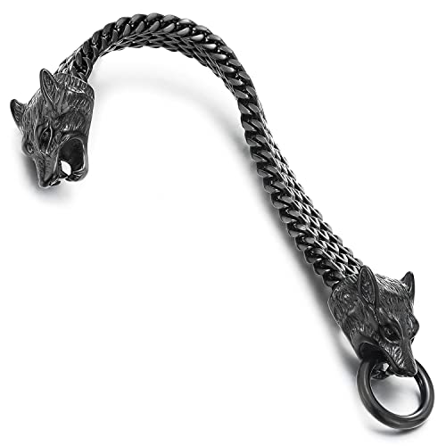 COOLSTEELANDBEYOND Biker Herren Schwarz Wolf Kopf Franco Link Panzerkette Armband aus Edelstahl mit Federringverschluss von COOLSTEELANDBEYOND