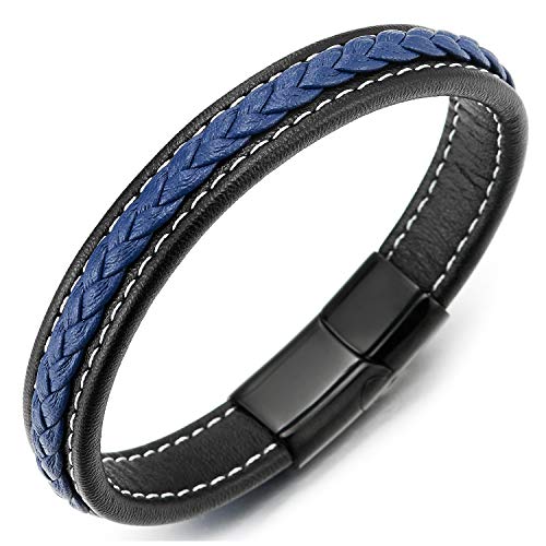COOLSTEELANDBEYOND Blau Schwarz Geflochtenes Lederarmband Armband Echtes Leder Armreif mit Weiß Stiche Schwarz Edelstahl Magnetverschluss von COOLSTEELANDBEYOND