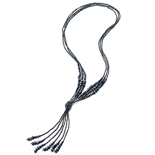 COOLSTEELANDBEYOND Bohe Chic Lariat Halskette Statement Franse Quaste Anhänger Dunkelblau Kristall Perlen DREI Stränge Lange Kette Y-Form von COOLSTEELANDBEYOND