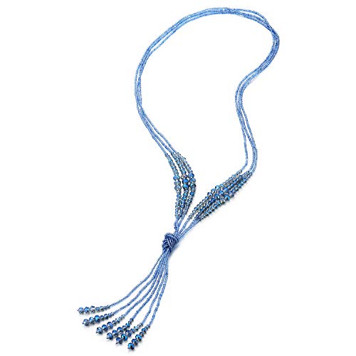 COOLSTEELANDBEYOND Bohe Chic Lariat Halskette Statement Franse Quaste Anhänger Pastell Blau Kristall Perlen Drei Stränge Lange Kette Y-Form von COOLSTEELANDBEYOND