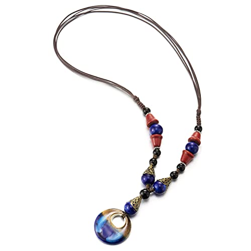 COOLSTEELANDBEYOND Boho Ethnischen Lange Statement Halskette Anhänger Holz Perlen Schwarz Blau Edelsteine Kette mit Baumelnde Ovalen Charme von COOLSTEELANDBEYOND