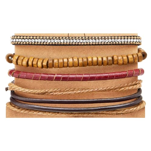COOLSTEELANDBEYOND Boho-Lederarmband-Set Rustikaler Materialmix mit Holz, Perlen, Geflochtenem Seil und Strasssteinen von COOLSTEELANDBEYOND
