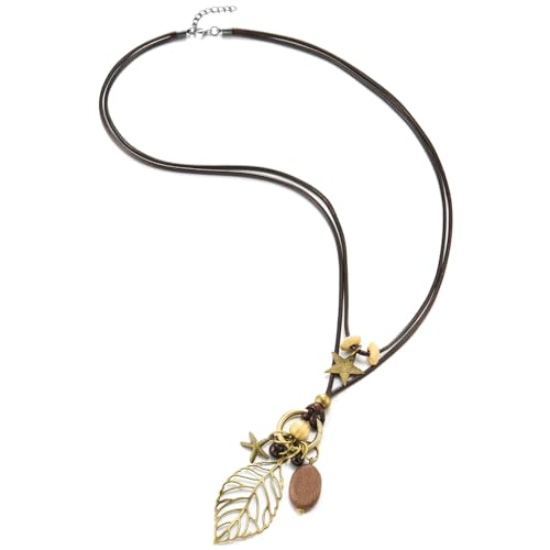 COOLSTEELANDBEYOND Boho Lederband-Halskette für Damen Bronze-Blatt-, Stern- und Holzanhänger Natürlicher Stil von COOLSTEELANDBEYOND