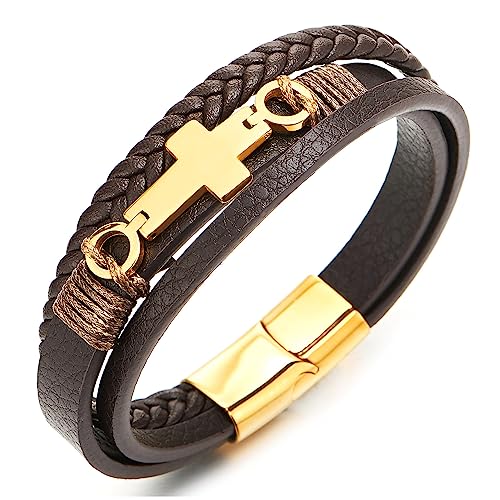 COOLSTEELANDBEYOND Braun Geflochtene Lederarmband Goldfarben Edelstahl Horizontalen Seite Seitlich Flacher Kreuz DREI Stränge Herren Damen von COOLSTEELANDBEYOND