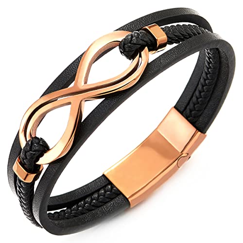 COOLSTEELANDBEYOND Braun Kaffeefarbe Infinity Liebe Unendlich Number 8 Verflochtenen DREI Stränge Schwarz Leder Armband für Herren Damen von COOLSTEELANDBEYOND