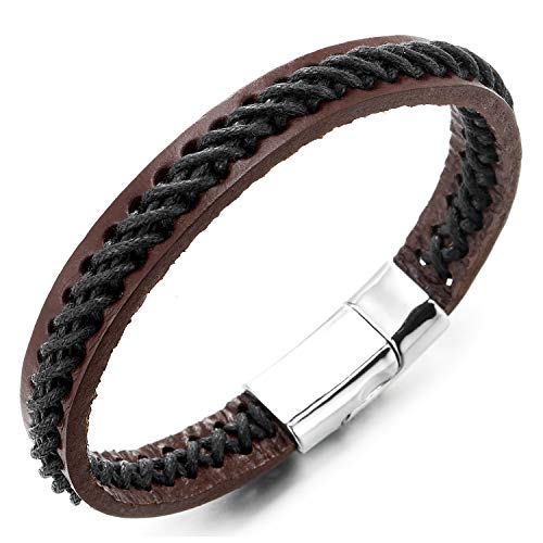 COOLSTEELANDBEYOND Braun Lederarmband Herren Damen Armband Echtes Leder Armreif mit Verflochtenen mit Grau Baumwolle Seil Magnetverschluss von COOLSTEELANDBEYOND