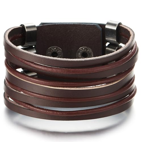 COOLSTEELANDBEYOND Breiten Leder Armband Braun, Herren Damen Multi-Strang Leder Schweißband Armband mit Snap Taste, Minimalistischen von COOLSTEELANDBEYOND