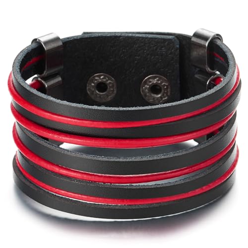 COOLSTEELANDBEYOND Breiten Leder Armband Rot Schwarz, Herren Damen Multi-Strang Leder Schweißband Armband mit Snap Taste COOLSTEELANDBEYOND Breiten Leder Armband Rot Schwarz, Herren Damen Multi-Strang Leder Schweißband Armband mit Snap Taste von COOLSTEELANDBEYOND