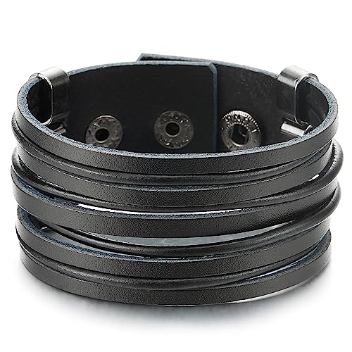 COOLSTEELANDBEYOND Breiten Leder Armband Schwarz, Herren Damen Multi-Strang Leder Schweißband Armband mit Snap Taste, Minimalistischen von COOLSTEELANDBEYOND