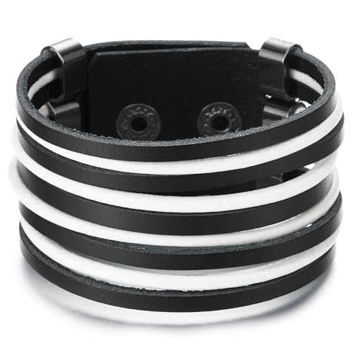 COOLSTEELANDBEYOND Breiten Leder Armband Weiß Schwarz, Herren Damen Multi-Strang Leder Schweißband Armband mit Snap Taste COOLSTEELANDBEYOND Breiten Leder Armband Weiß Schwarz, Herren Damen Multi-Strang Leder Schweißband Armband mit Snap Taste von COOLSTEELANDBEYOND