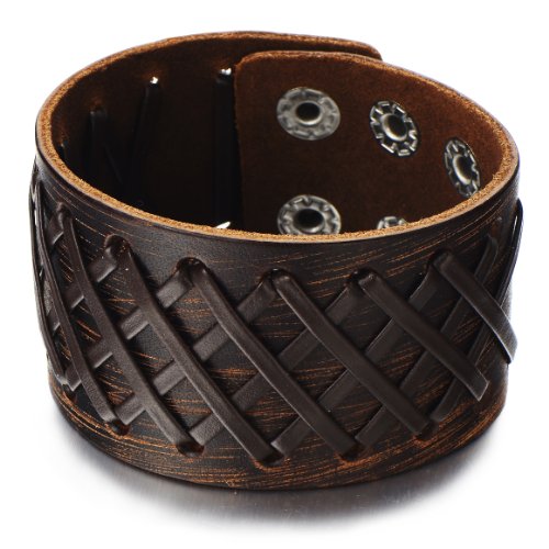 COOLSTEELANDBEYOND Breites Lederarmband Herren Armband Braun Echtes Leder Schweißband Verwobenen Design von COOLSTEELANDBEYOND