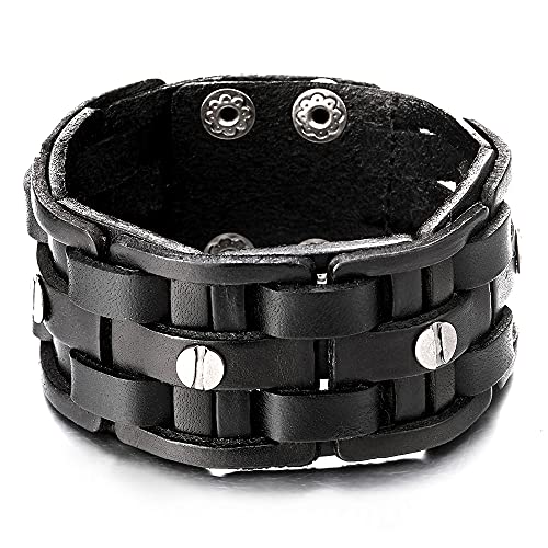 COOLSTEELANDBEYOND Breites Lederarmband Herren Armband Schwarz Leder Schweißband Verwobenen Design mit Schraube Kopf Charme SnapTaste von COOLSTEELANDBEYOND