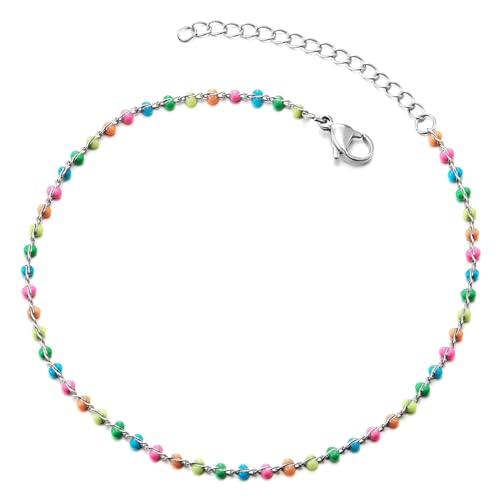 COOLSTEELANDBEYOND Buntes Emaille Perlen Fußkettchen für Damen, Verstellbare Feine Kette, Sommerlicher Barfuß Strandschmuck von COOLSTEELANDBEYOND