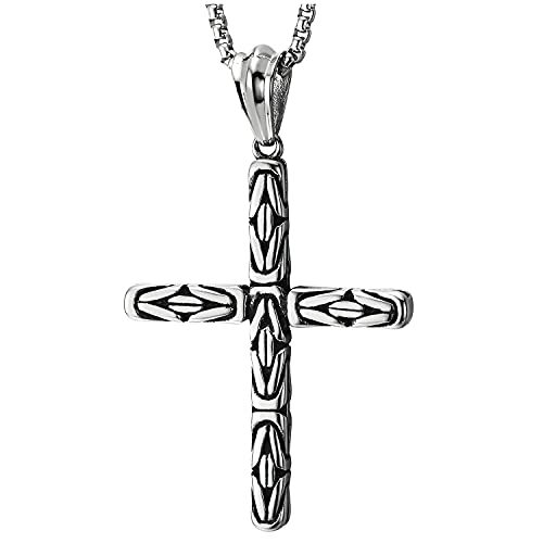 COOLSTEELANDBEYOND Byzantinisch Stil Edelstahl Herren Damen Kreuz Anhänger Halskette mit Geflochtene Gliederkette Muster, 75cm Weizen-Kette von COOLSTEELANDBEYOND