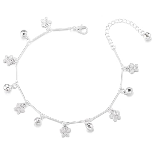 COOLSTEELANDBEYOND Charmante Silber-Fußkette für Damen mit Blumenanhängern und Glöckchen Verstellbare Boho-Fußkette von COOLSTEELANDBEYOND
