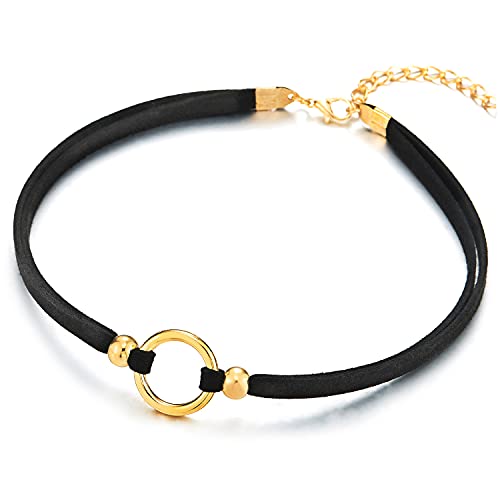 COOLSTEELANDBEYOND Choker Halsketten Schwarz Halskette für Damen mit Goldfarben Offenes Kreis Charm und Wulst Anhänger von COOLSTEELANDBEYOND
