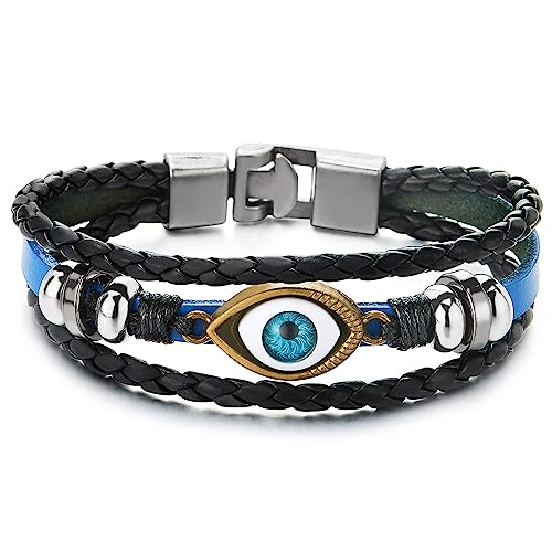 COOLSTEELANDBEYOND DREI Reihen Bösen Blick Blatt Leder Charms - Armband für Herren für Damen Schwarz Blau Leder Wickeln Schweißband von COOLSTEELANDBEYOND