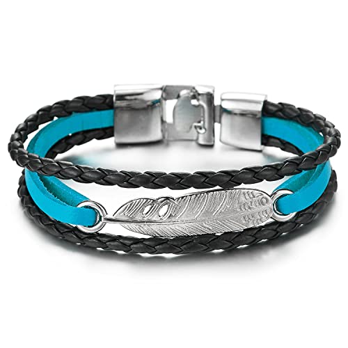 COOLSTEELANDBEYOND DREI Reihen Feder Schwarz und Blau Geflochtene Lederarmband für Herren Damen von COOLSTEELANDBEYOND