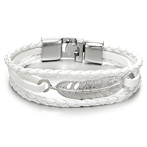 COOLSTEELANDBEYOND DREI Reihen Feder Weiß Geflochtene Lederarmband für Herren Damen von COOLSTEELANDBEYOND