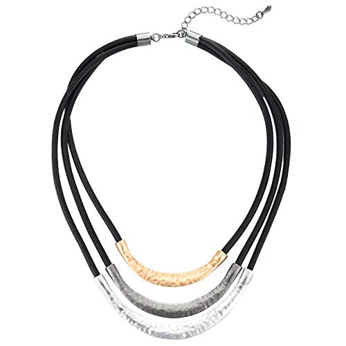 COOLSTEELANDBEYOND DREI Reihen Schwarz Leder Lätzchen Halsband Choker Halsketten mit Gold Grau Silber Strukturierte Metall Charme Anhänger von COOLSTEELANDBEYOND