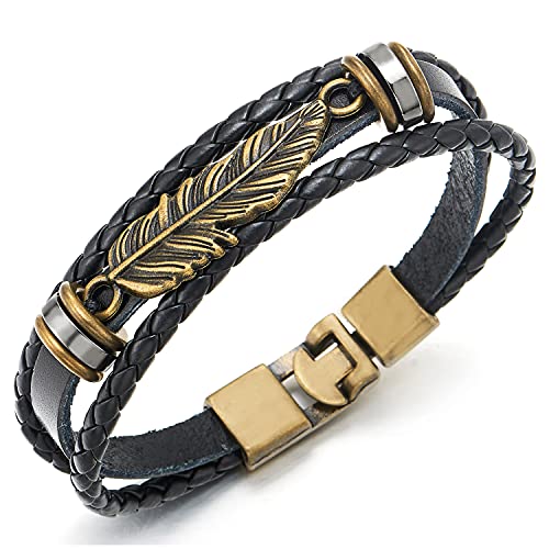 COOLSTEELANDBEYOND Drei Reihen Vintage Bronze Feder Blatt Schwarz Geflochtene Lederarmband für Herren Damen von COOLSTEELANDBEYOND