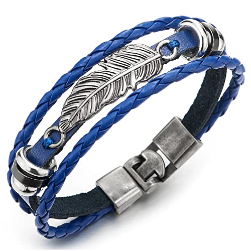 COOLSTEELANDBEYOND DREI Reihen Vintage Feder Blatt Blau Geflochtene Lederarmband für Herren Damen von COOLSTEELANDBEYOND