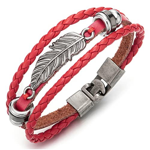 COOLSTEELANDBEYOND Drei Reihen Vintage Feder Blatt Rot Geflochtene Lederarmband für Herren Damen von COOLSTEELANDBEYOND