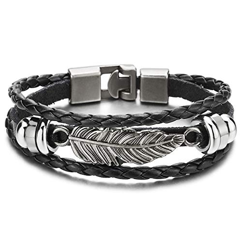 COOLSTEELANDBEYOND DREI Reihen Vintage Feder Blatt Schwarz Geflochtene Lederarmband für Herren Damen von COOLSTEELANDBEYOND