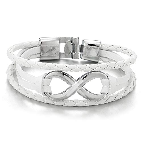 COOLSTEELANDBEYOND Drei Reihen Weiß Unendlich Liebe Number 8 Freundschaftsbänder Braune Lederarmband für Herren Damen von COOLSTEELANDBEYOND